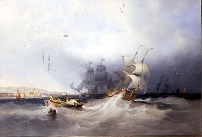 Un bergantín holandés en un puerto y otros barcos frente a un puerto de la costa este de John Wilson Carmichael