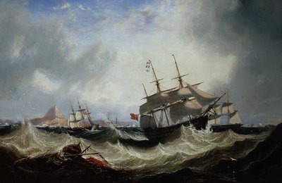 Barcos frente a Gibraltar en mares agitados de John Wilson Carmichael