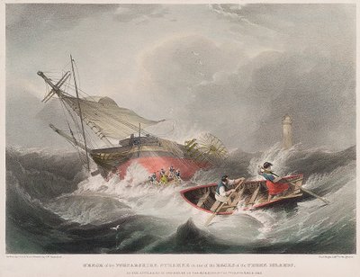 El hundimiento del vapor Forfarshire en las rocas de las islas Farne (Inglaterra), tal como apareció al amanecer del 7 de septiembre. de John Wilson Carmichael