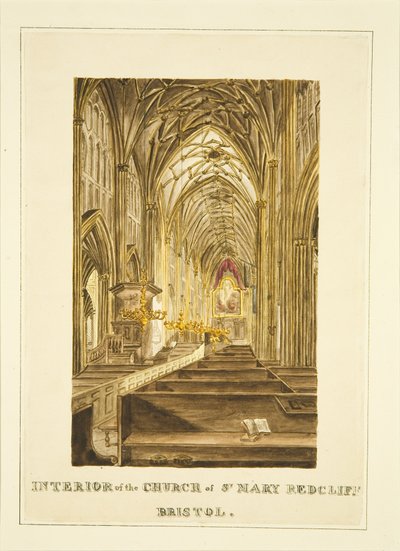 Vista de la nave central de St Mary Redcliffe, mirando al este, mostrando el retablo de Hogarth, c.1824 de John Withers