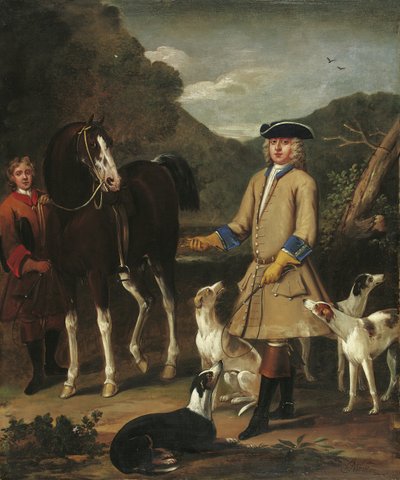 Edward, Lord Seymour, con su caballo, mozo y perros, en un paisaje de John Wootton