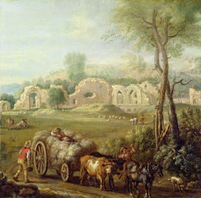 Carro de heno pasando por una abadía en ruinas, c.1740-50 de John Wootton