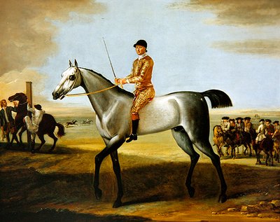 El célebre caballo de carreras gris Coneyskins del Duque de Rutland con jockey en Newmarket Heath de John Wootton