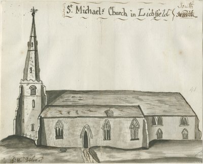 Lichfield - Iglesia de San Miguel: dibujo en sepia de John Wright