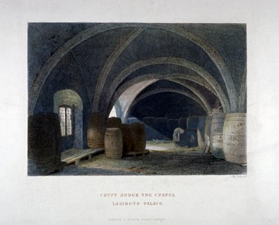 Cripta llena de barriles bajo la capilla en el Palacio de Lambeth, Londres, 1851 de John Wykeham Archer