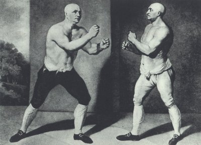 Primeros boxeadores británicos a puño limpio, John Broughton (izquierda) y George Stevenson pelean en 1741: Broughton inventó el guante de boxeo de John Young