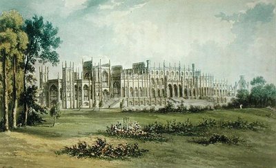 Eaton Hall, oeste del frente del jardín, de Ackermanns Repository of Arts, publicado c.1826 de John after Gendall