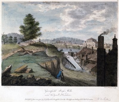 Molinos de latón de Greenfield, cerca de Holywell, Flintshire, grabado por W.C. Wilson, c.1792 de John after Ingleby