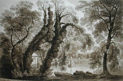 Vista de la fuente del templo desde el lado opuesto, Sezincote, grabado por Frederick Christian Lewis Snr., c.1817-18 de John after Martin