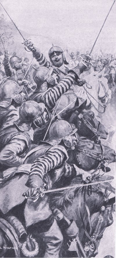 Enfrentamiento de caballería en la batalla de Edgehill, 23 de octubre de 1642, ilustración de British Battles on Land and Sea, 1915 de John de Walton