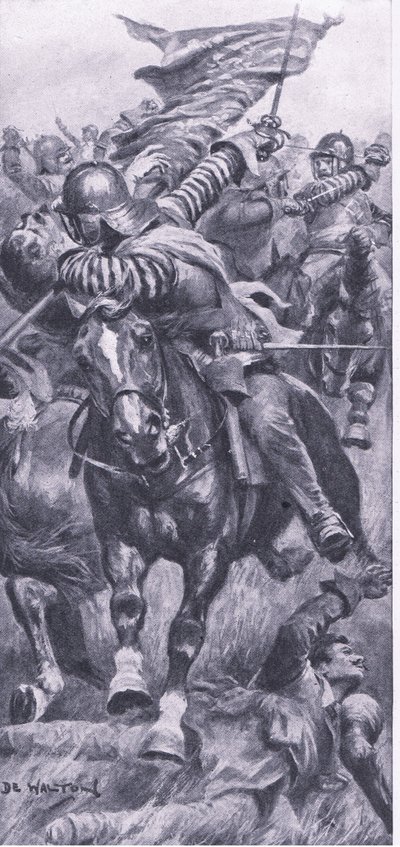 Teniente John Smith recuperando el estandarte del rey en Edgehill, 23 de octubre de 1642, ilustración de British Battles on Land and Sea, 1915 de John de Walton