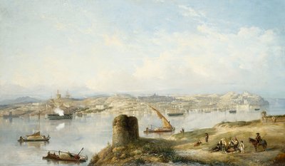 Vista extensa de Lisboa en el río Tejo con la Praça do Terreiro do Paço, la antigua catedral y el Castelo de S. Jorge de John or Giovanni Schranz
