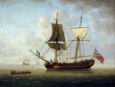 Un bergantín británico, con la bandera roja y la Union Jack, mar adentro en un mar en calma. Óleo sobre lienzo de John the Elder Cleveley