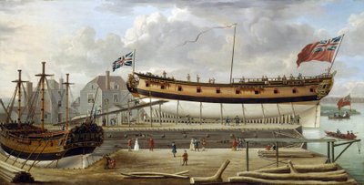 Un buque de sexta clase (sixth rate), buque de guerra de la Marina Real Británica, en dique seco, el astillero es probablemente el de Rotherhite, en la orilla sur del Támesis (Inglaterra) de John the Elder Cleveley