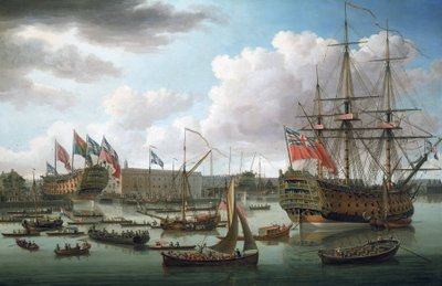 El "Royal George" en Deptford (Inglaterra) durante la botadura del "Cambridge" el 21 de octubre. de John the Elder Cleveley