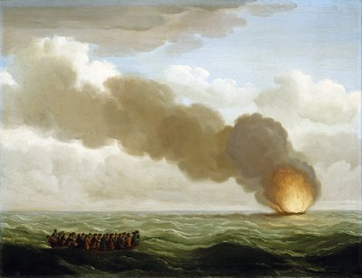 La tripulación de la galera "Luxborough", en un bote salvavidas, observa cómo su barco en llamas se hunde en alta mar el 25 de junio de 1727. de John the Elder Cleveley