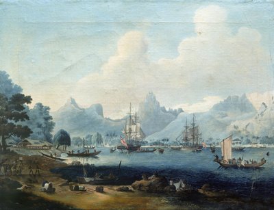 Los buques HMS "Resolution" y "Discovery" anclados en Moorea (Tahití), durante las expediciones de James Cook (1728-1779), en las que participó el pintor en 1772-1773. de John the Elder Cleveley