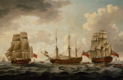 H.M.S. Tyrall en tres posiciones frente a Antigua de John the Younger Cleveley