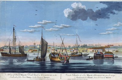 Vista de los muelles reales de Woolwich, en la orilla izquierda del Támesis (Inglaterra), en el condado de Kent. Aguafuerte en colores de John Clevely el Joven (1747-1786) de John the Younger Cleveley