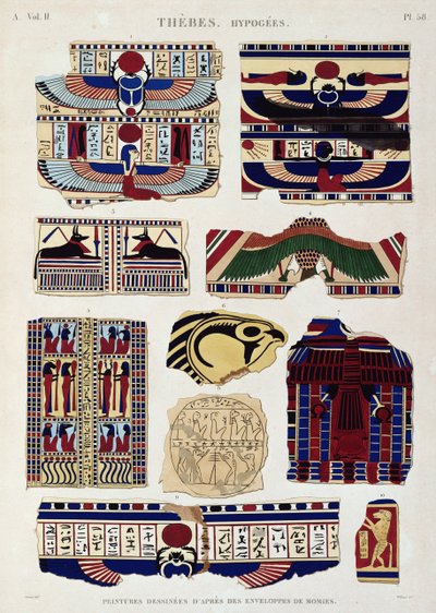 Ilustraciones de diseños pintados de los envoltorios de las momias, Hipogeos, Tebas, lámina 58 del Vol II de 