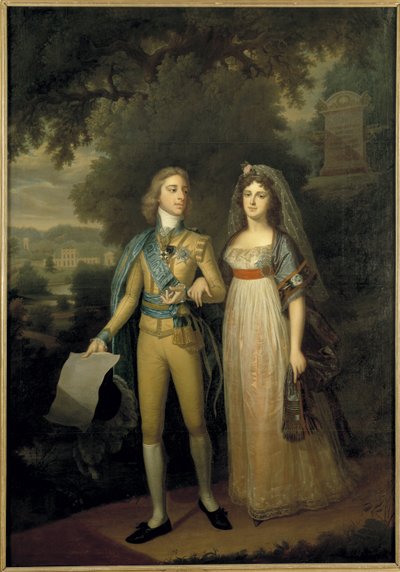 Gustave IV Adolphe de Suede - Retrato de Gustavo IV Adolfo de Suecia (1778-1837) y Frederica Dorothea Wilhelmina de Baden (1781-1826), reina de Suecia, por Forsslund, Jonas (1754-1809). Óleo sobre lienzo, c. 1797-1800. Dimensiones: 273x195 cm. Museo Nacion de Jonas Forsslund