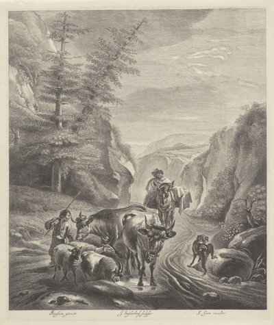 Pastores con ganado en un camino de montaña de Jonas Suyderhoef