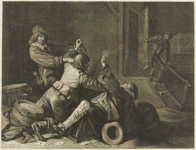 Tres hombres luchando en un interior de Jonas Suyderhoef