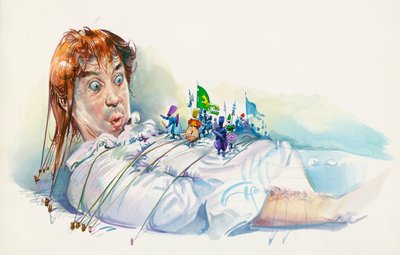 Lemuel Gulliver atrapado por liliputienses, de Los viajes de Gulliver, novela de Jonathan Swift (1667-1745), dibujo de Jonathan Swift