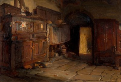 Interior de una cabaña bretona, 1887 de Jonathon Pratt