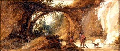 Un paisaje rocoso con deportistas en un camino de Joos de (follower of) Momper