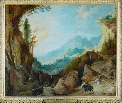 Un paisaje montañoso con un puente y cuatro jinetes ... de Joos de (follower of) Momper