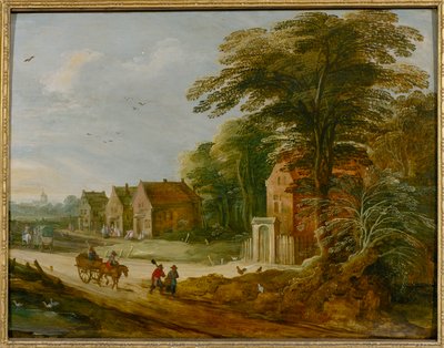 Viajeros pasando por un pueblo (óleo sobre tabla) de Joos de (studio of) Momper