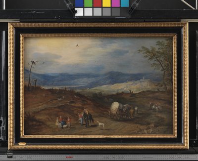 Paisaje con un camino que pasa por un lugar de ejecución de Joos de II Momper