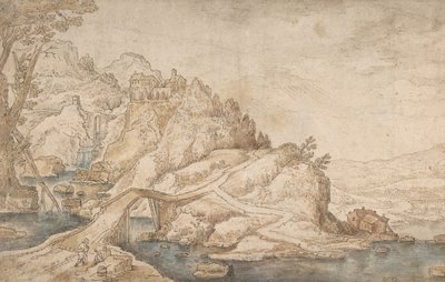 Paisaje montañoso con río, puente y casas con dos figuras a la izquierda de Joos de Momper the Younger.