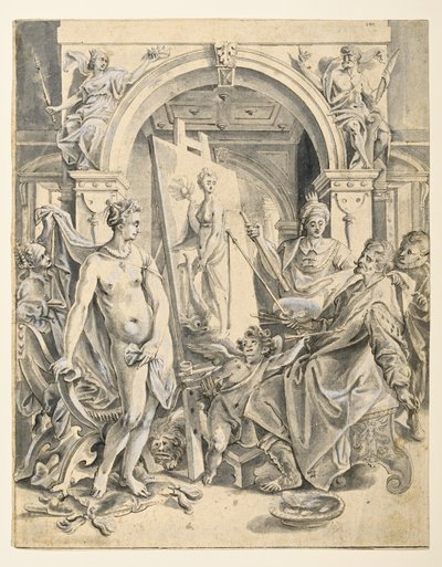 Apelles pintando Campaspe (pluma y tinta parda, aguada gris, pasta blanca sobre papel verjurado) de Joos or Jodocus van (after) Winghe