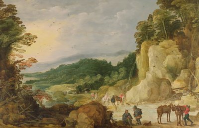 Paisaje montañoso con una cascada y viajeros en un vado de Joos or Josse de Momper