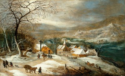 Un paisaje de invierno, con figuras en un camino junto a un pueblo de Joos or Josse de Momper