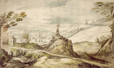 Paisaje montañoso con una cruz de Joos or Josse de Momper