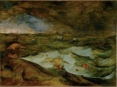 Tormenta en el mar, antiguamente atribuida a Pieter Bruegel el Viejo (pintura sobre madera de roble) de Joos or Josse de The Younger Momper