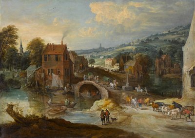 Paisaje de pueblo con un puente, circa 1620s de Joos or Josse de The Younger Momper