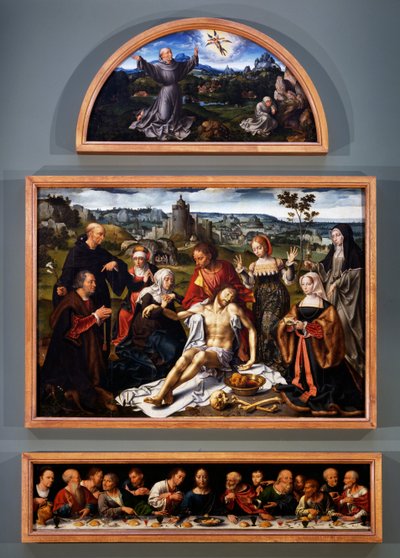 Retablo de la deposición, con los estigmas de San Francisco, la deposición de Cristo y la Última Cena de la Iglesia de los Frailes Menores en Génova, c.1520 de Joos van Cleve