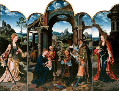 Holandés: Santa Catalina (izquierda); La Adoración de los Reyes Magos (centro); Santa Bárbara (derecha) Adoración de los Reyes Magos con Segismundo I de Polonia de Joos van Cleve