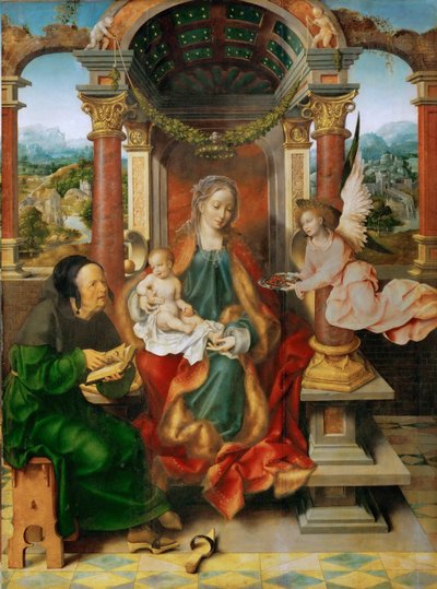 Arte neerlandés temprano: La Virgen y el Niño con San José (Altar alado, panel central) por Joos van Cleve, ca. 1530 de Joos van Cleve