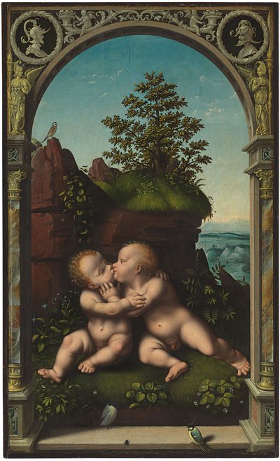 El Niño Jesús y San Juan Bautista como niños abrazándose en un paisaje, rodeados por un arco clásico de Joos van Cleve