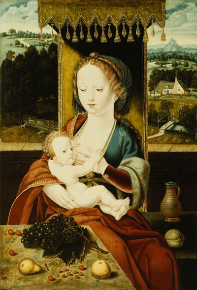 La Madonna y el Niño, sentados bajo un dosel, en una mesa con frutas, en un paisaje de Joos van Cleve