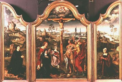 Tríptico: Crucifixión flanqueada por donantes arrodillados de Joos van Cleve
