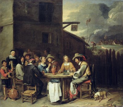 Compañeros de juerga frente a una taberna de Joos van Craesbeeck