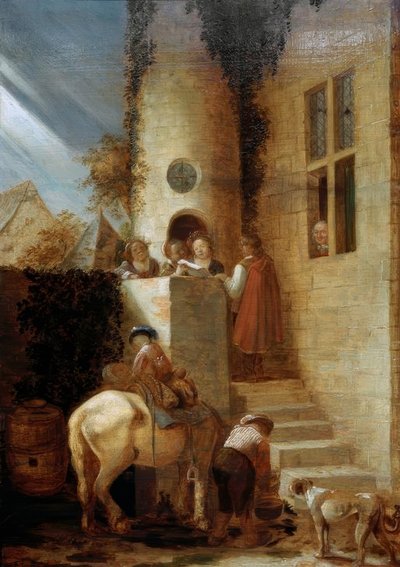 La llegada del jinete con un documento de Joos van Craesbeeck