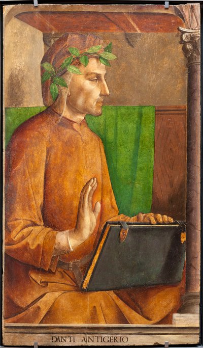 Efigie de Dante Alighieri (1265-1321), poeta, escritor italiano, autor de la Divina Comedia, tocado de liripión - Pintura de Juste de Gante (Joos van Wassenhove) (hacia 1435-alrededor de 1475) y Pedro Berruguete (hacia 1450-antes de 1504), parte de un conj de Joos van Gent (fl.1460 75)