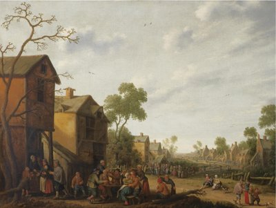 Escena de pueblo con campesinos comiendo y bebiendo fuera de una posada, mendigos a la izquierda de Joost Cornelisz Droochsloot